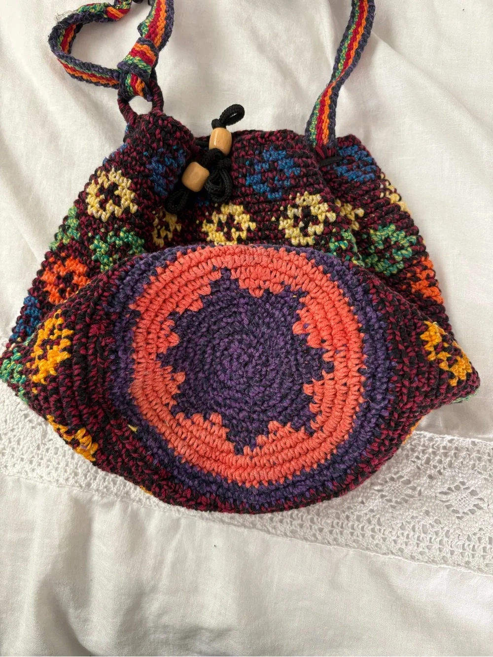 Artisan Made Hippie Boho Knit Crochet Colorful Hobo Bucket Bag